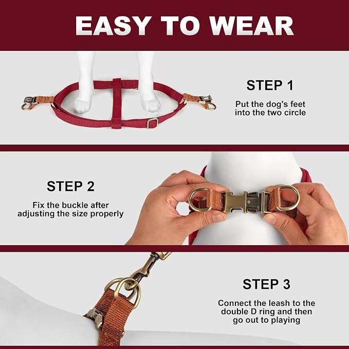 Step in Dog Harnes for Medium Dogs, Red, M, Chest 19-28" | Freedom Nylon Dog Halter Vests with Metal Buckles, Easy On and Off, Adjustable Straps, Escape-Proof, Easy Walking Training - Image 4