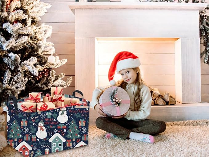 Rectangular Christmas Baskets,Snowman Basket Empty,Waterproof PE Coating Cute Bins for Kids with Handles,Gifts Baskets,Books Bin. (Blue Snowman) - Image 4