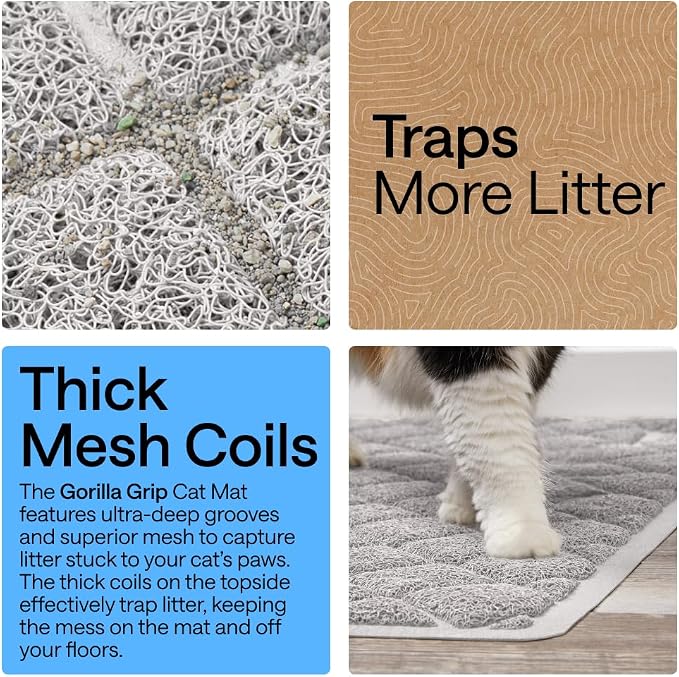 GORILLA GRIP Cat Litter Box Mat, Cushioned Coil Mesh Litter Trapping Mats, Scatter Control Supplies for Less Mess, Phthalate Free, Ultra Deep Catch Grooves, Rinse or Vacuum to Clean, 30x20 Light Gray - Image 3
