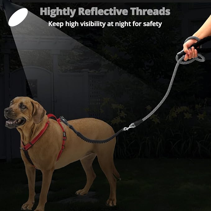 Long Dog Leash 10 FT: Heavy Duty Rope Leashes for Dogs Training with Swivel Lockable Hook Reflective Threads Bungee and Padded Handle - Dog Lead for Large Small Medium Dogs Outside Walking Hiking Grey - Image 5