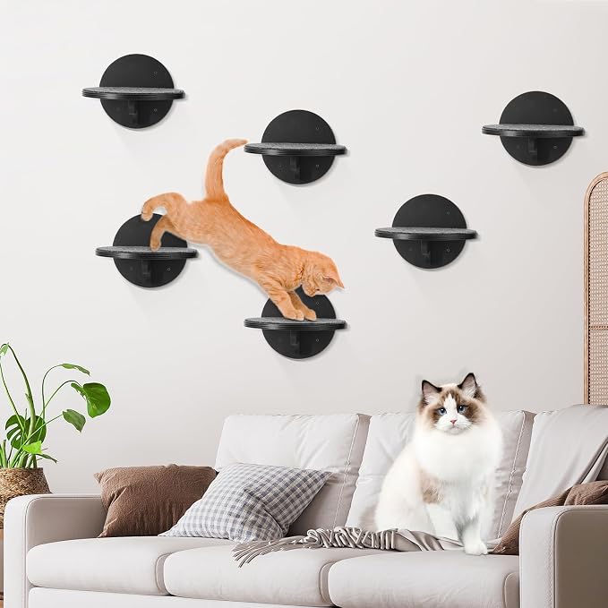 Cat Wall Shelves Furniture Set of 6, Wooden Cat Steps for with Scratching Pad, Sturdy Floating Climber Ladder Stairs, Cats Climbing Wall Systems for Cats Sleep Climb Play - Image 4