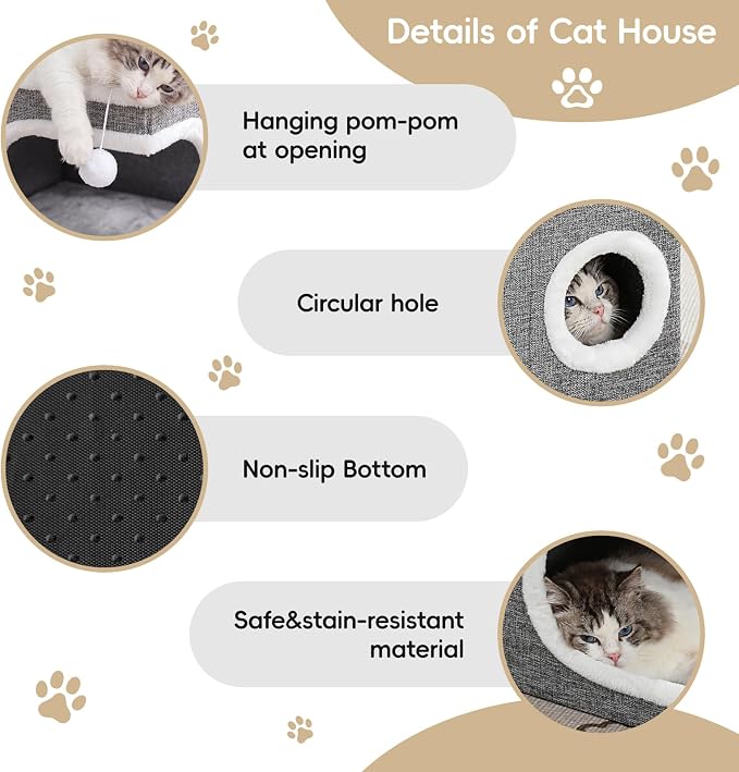 Cat Houses for Indoor Cats, Large Covered Cat Bed Cave, Grey, 16in | Foldable Kitten Bed House with Fluffy Ball and Scratch Pad, Large Cat Condo for Multiple Pets, Cat Hideaway, 16x16x13 inches - Image 5