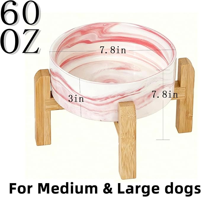 Elevated/Raised Ceramic Dog Bowl with Bamboo Stand,Marble Pattern 7 Inch 7.6 Cups Non Slip Heavy Weighted Single Pet Dish,Anti Tipping,Reduces Neck Strain Marble Pink - Image 3