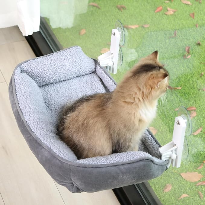Zakkart Foldable Cat Hammock for Window with Bolster - Cordless, Fold-Up, Three-Side Bolstered Machine Washable Fluffy Bed, Robust Metal Frame - Cat Window Perch for Large Cats and Kittens - Gray by Zakkart