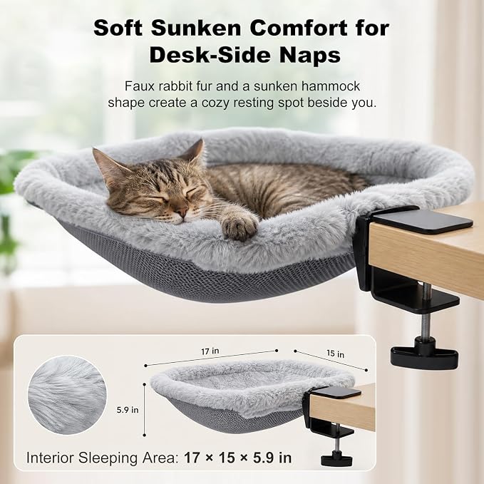 Cat Desk Bed, Clamp-On Desk Hammock, 40 lb, Fits 0.78-2.95 in | Gray faux rabbit fur bed for work or gaming desks not for glass desktops removable machine washable cover - Image 5