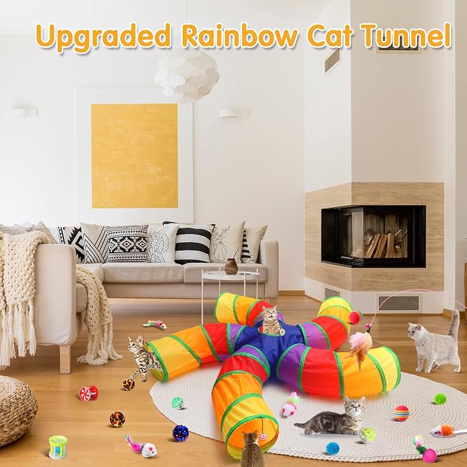 Poen 21 Pcs Cat Tunnel for Indoor Set Collapsible 5 Way Tubes with 20 Pcs Cat Kitten Toys Interactive Feather Toy Mouse Crinkle Balls Tube for Puppy Kitten Rabbit(Colorful) - Image 4