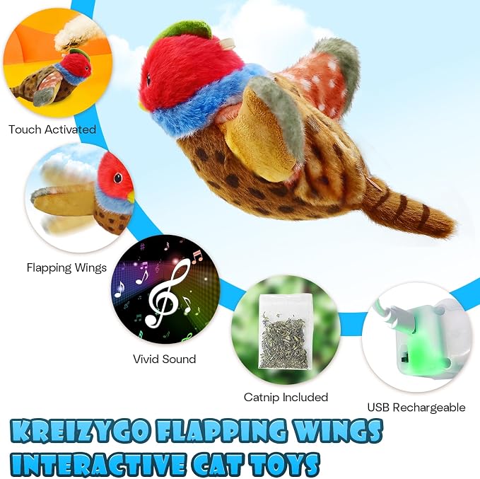 Cat Toys, Flapping Wings Pheasant, No Flying, Chirping Bird Interactive Catnip Toy for Kitten or Small Dogs, Touch Activated, Rechargeable - Image 2