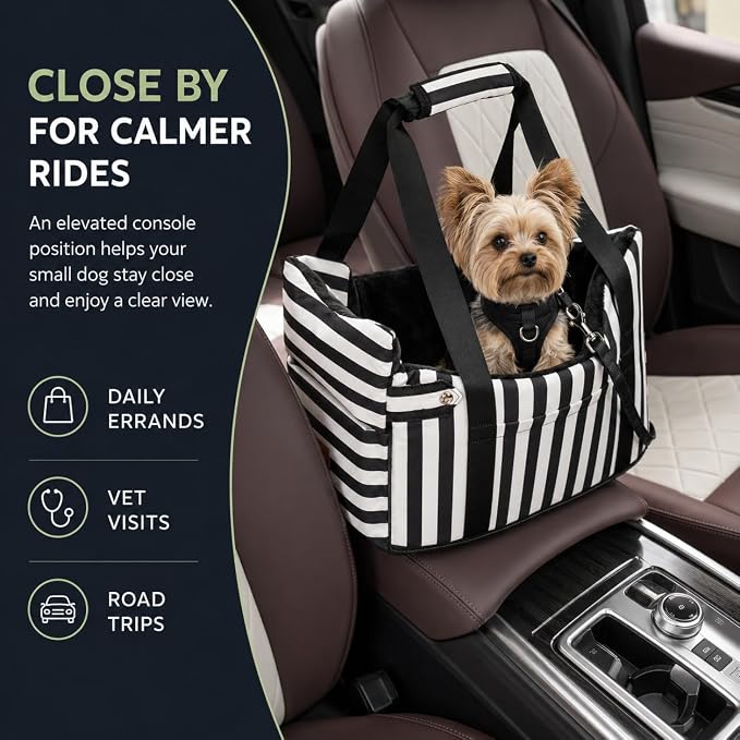 Console Dog Car Seat for Small Dogs to 15lbs (Black& White Stripes) | Center Console Puppy Booster and Portable Travel Bed, Anti-Collapse Design with Washable Fluffy Cushion - Image 2