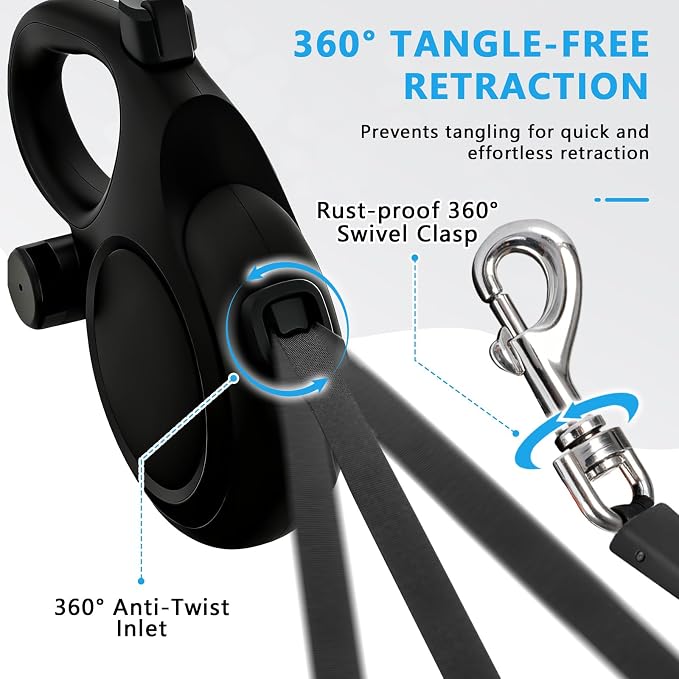 26Ft Retractable Dog Leash for Medium/Large Dogs up to 110lbs, Strong Heavy Duty Retractable Leash with Chew-Proof Cable, 360 Tangle Free, One Hand Brake Lock & Poo Bag Holder (Black) - Image 3