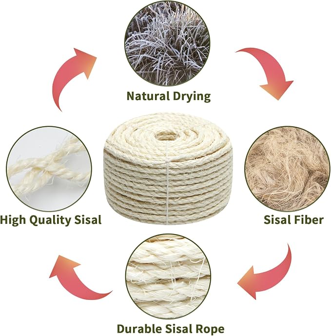 Natural Sisal Rope 1/4 Inch 32-Feet for Cat Tree Tower Repair and Replace Scratching Post, DIY Hemp Twine Rope for Cat Scratching Furniture Window Perch and Crafts Gardening Home Decorating - Image 5