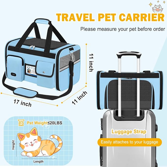 HUANLANG Large Cat Carrier Travel Soft Sided Pet Carrier Airline Approved | Dog Carriers for Small Dogs Medium Cats,Collapsible,3 Storage,zipper lock,Reflective strips,Luggage Strap, Up to 15 Lbs - Image 6