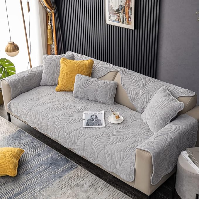 Couch Covers Plush Quilted Sofa Covers for Sectional Sofa Washable | Palm Leaves Couch Cover Chenille Non Slip Sofa Covers Soft Sofa Slipcover Furniture Protector for Pets Kids Children Dogs Cat - Image 5