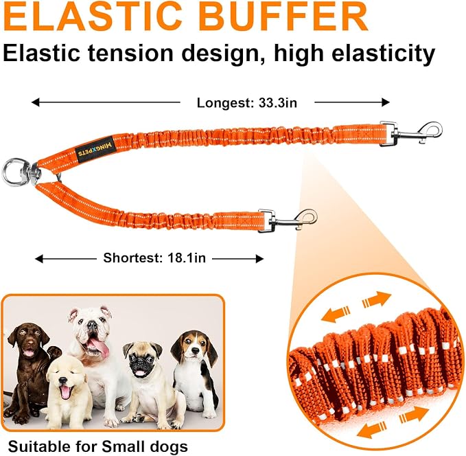 MingXpet 2 Dog Leash, Dog Leash for 2 Dogs, 360° Swivel No Tangle Double Walking Training Leashes for Large Dogs that Pull, Comfortable Shock Absorbing Reflective Bungee, Orange - Image 2