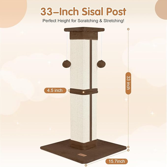 Cat Scratching Post 33 inch for Indoor Cats, High Cat Scratch Post Brown, Cat Tree for Full-Body Stretching, Protect Your Furniture - Image 2