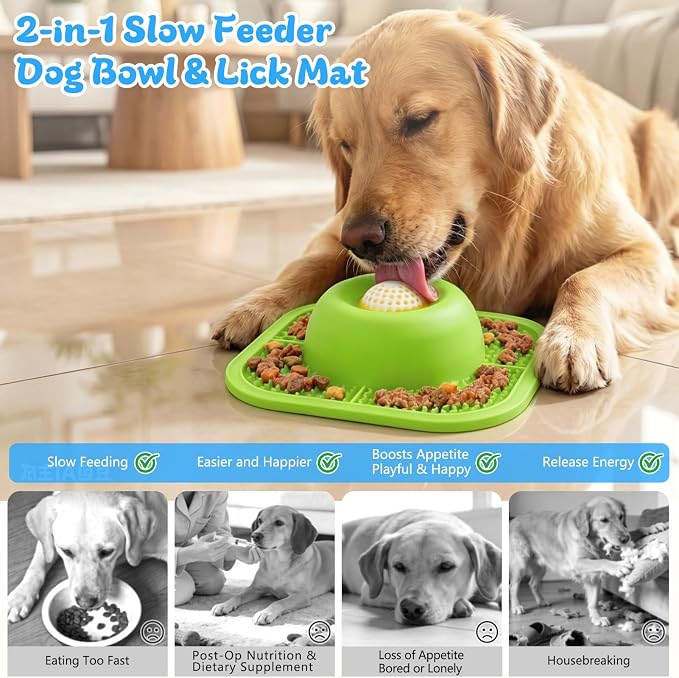 Slow Feeder Dog Bowls & Lick Mat for Liquid and Thick Treat, Anti-Slip Dog Lick Bowl with Interactive Rolling Ball, 5/6 Cup Pup Licking Toy for Large Medium Small Dogs and Cats Green - Image 2