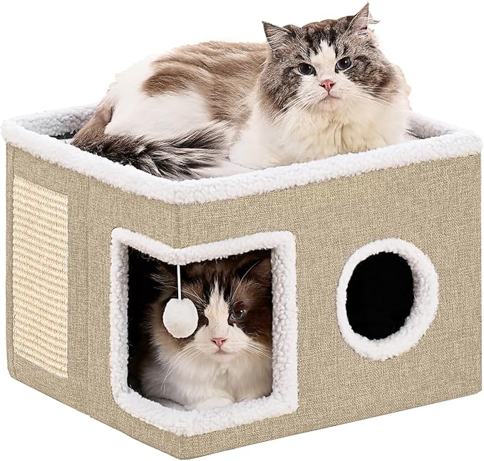 Large Cat Houses for Indoor Cats with Fluffy Ball and Scratch Pad | Foldable Cat Bed Cave for Multiple Pets, Kitten Bed for All Seasons, Non-slip, Hold Up to 30LBS, 16x16x13inch, Khaki by Unknown