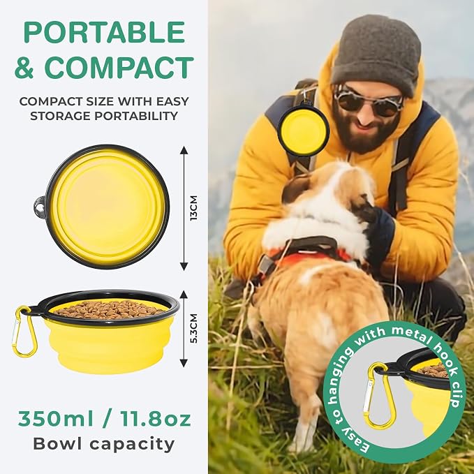 Collapsible Dog Water Bowls, Foldable Pet Feeding Dish, Yellow | Portable, Travel, Food Bowl, Dogs and Cats, Walking Hiking Camping, Carabiner, BPA Free - Image 3