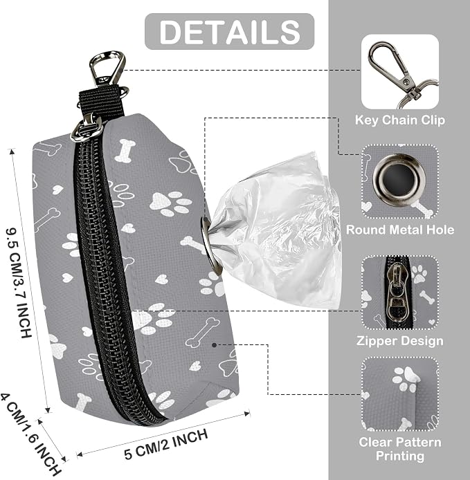 Dog Poop Bag Holder for Leashes with Zippered - Paws & Bones | 3.7x2x1.6 INCH, Polyester, Waste Bag Dispenser, Durable, Portable, Lightweigh, Compact, With Key Chain, Pet, Doggy, Gray - Image 2