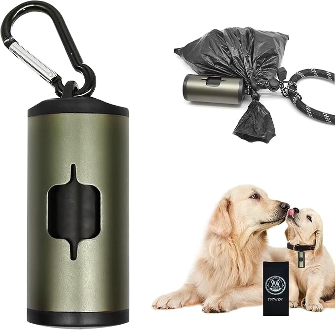 YUCHIYA Aluminum Dog Poop Bags Holder with Carabiner Metal Pet Waste Bags Dispenser with Hook and Loop Fastener and Elastic Cord to Carry Used Bags (Olive Green, 1 Holder 15 Bags) by YUCHIYA