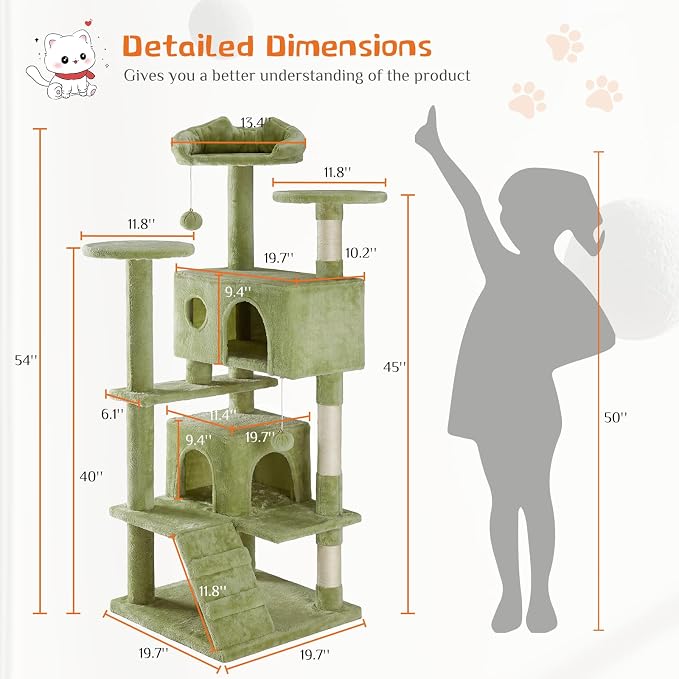 Sweetcrispy 54-inch Cat Tree Tower with Scratching Posts, Indoor Use | Multi-Level Indoor Cat Tree Condo with Climbing Ladder, Plush Toy, Play House for Kitten, Green - Image 7