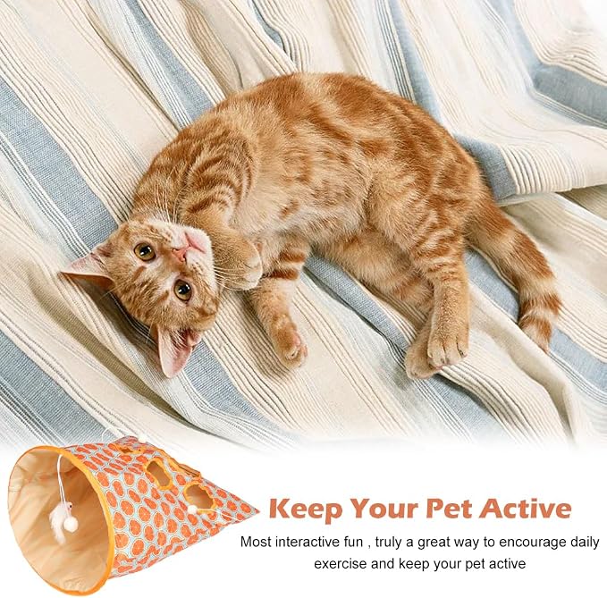 SYCOOVEN Cat Tunnel Bag for Indoor Cats, Pet Collapsible Tunnel Crinkle Sack Bag with 1 Little Mouse & Toy Ball, Crinkle Paper Interactive Cat Toys Hide and Seek(Orange Pattern) - Image 6
