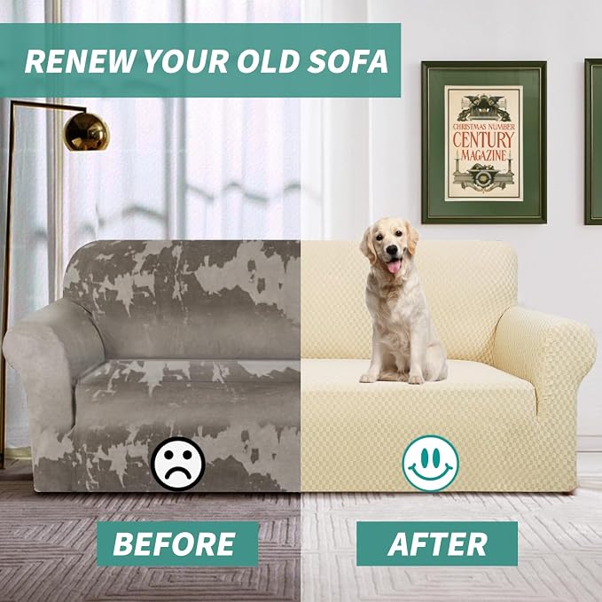 YEMYHOM Couch Cover Latest Jacquard Design High Stretch Sofa Covers for 2 Cushion Couch, Pet Dog Cat Proof Loveseat Slipcover Non Slip Magic Elastic Furniture Protector (Medium, Beige) - Image 7
