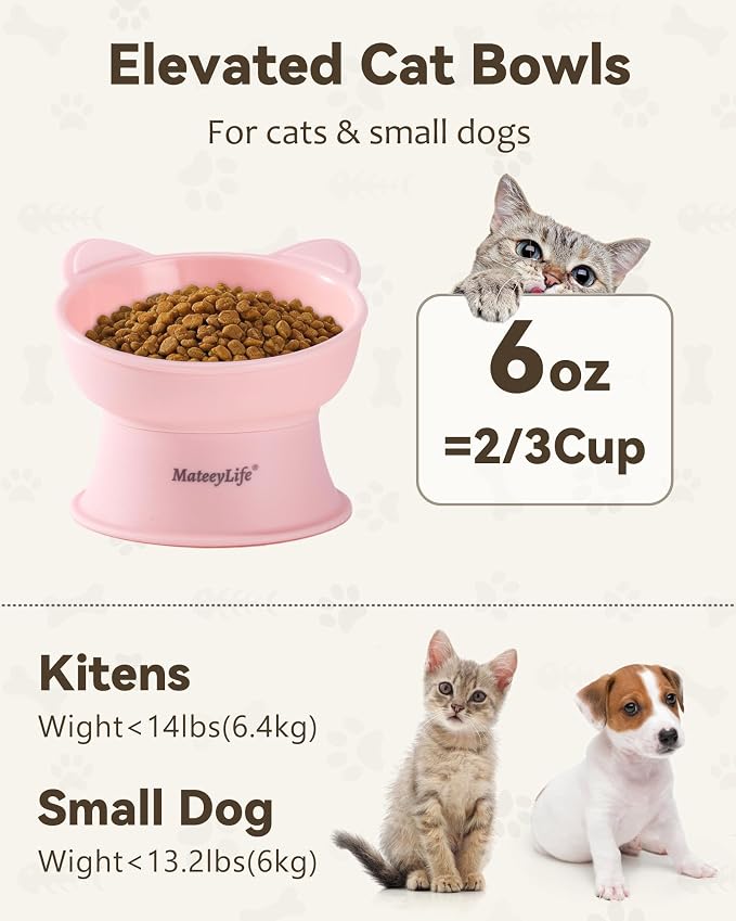 MateeyLife Raised Cat Bowls, Cat Food Bowl Elevated for Kittens & Small Dogs, 15°Tilted Protect Pets' Neck and Anti Vomiting, Whisker Friendly Food & Water Feeding Bowl, 6 oz Each - Pink - Image 6