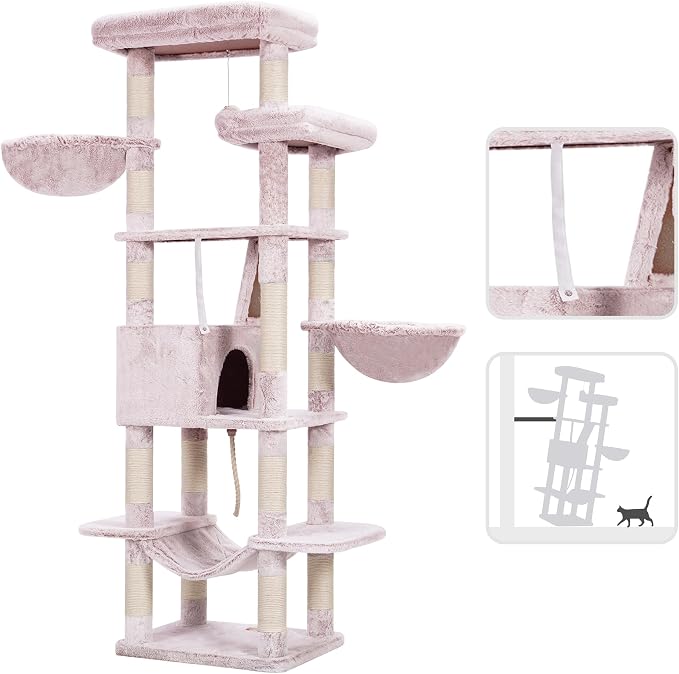 Heybly Cat Tree, 68 inch Multi-Level Cat Tower for Indoor Cats HCT025MU | Cat Condo with 2 Widened Plush Perches, 2 Cozy Baskets, Scratching Board and Big Caves, Rosy Brown - Image 5