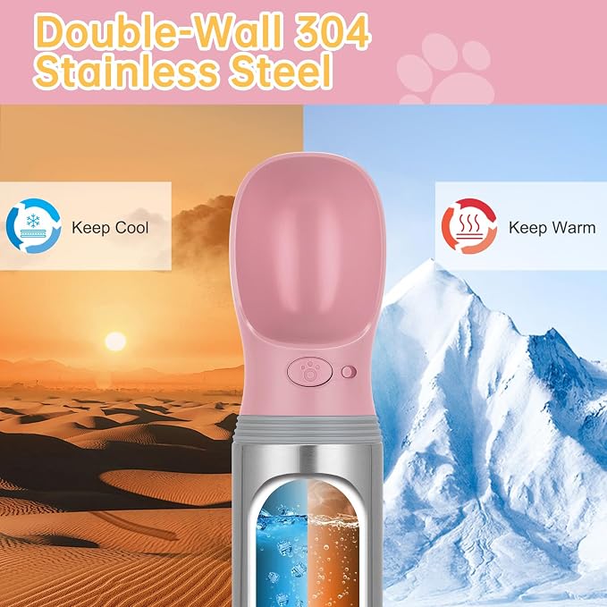 Portable Dog Water Bottle, 14 OZ Stainless Steel Pet Water Dispenser | Leak Proof Pet Water Dispenser with Drinking Feeder, Durable, Use for Dog Travel, Walking, Hiking, and Outdoor Activities - Image 3