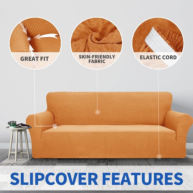 ZNSAYOTX 1 Piece Jacquard Couch Covers for 3 Cushion Couch High Stretch Sofa Cover for Pets Dogs Anti Slip Extra Large Sofa Slipcovers Furniture Protector (X-Large, Orange) - Image 3
