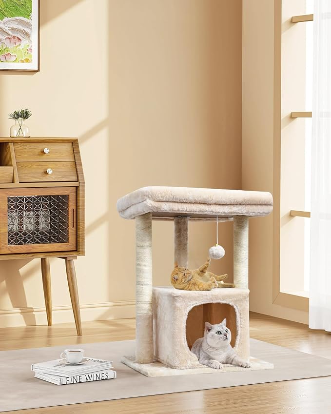 SYANDLVY 27" Cat Tree for Indoor Cats, Activity Tower with Scratching Posts | Modern Kitten Condo with Plush Perch & Hanging Ball for Play, Beige - Image 2