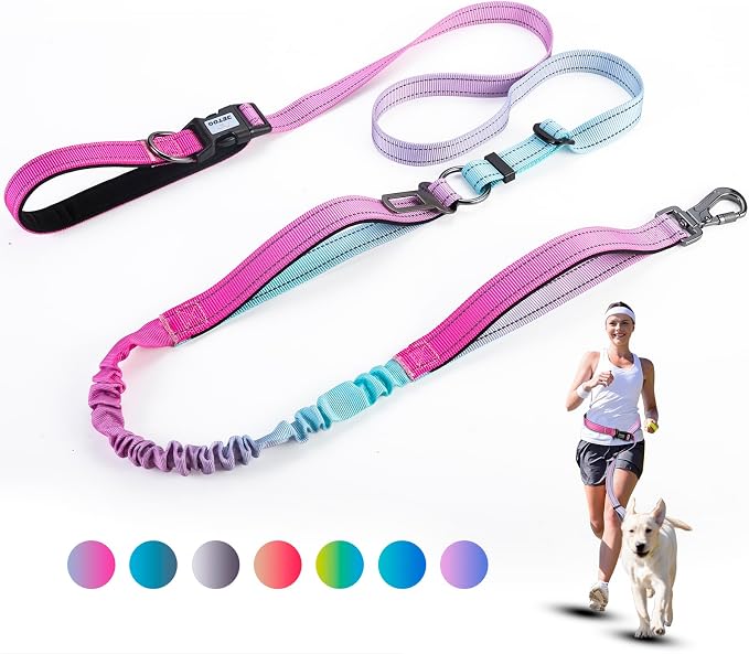 Heavy Duty Hands Free Dog Leash, 5-7 FT Reflective Adjustable Waist Dog Leash Belt with Padded Handles, Shock Absorbing Bungee and Car Seat Belt for Large Medium Dogs (Gradient Pink, XL) by JETOG