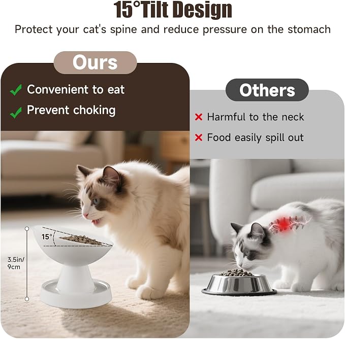 Raised Cat Food Bowl, Ceramic 15° Tilted Cat Bowl(White) | Ant-Proof Design, for Whisker & Neck Fatigue, Protect Pet's Spine, Titled Anti-Vomiting Cat Dish, All Life Stage - Image 3