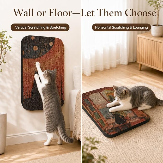 2 Pack Cat Wall Scratcher, Art Cat Scratching Board for Cats | Wall Mounted Cat Scratch Pad, Water-Based Ink, Hook&Loop Strips, Floor or Wall Use, 16.7x11x1 Inch, Window & Starry Night - Image 5