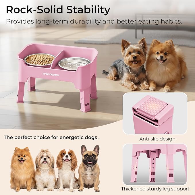 URPOWER Mess Proof Elevated Dog Bowls, Splash Guard Raised Bowl Stand | 4 Adjustable Heights, 2 Stainless Steel Bowls, Food & Water Separation, Non-Slip Base, Foldable Design for Small Dogs - Image 6
