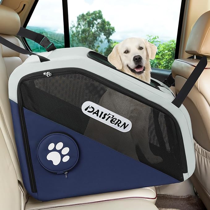 Collapsible Car Travel Crate for Small and Medium Dogs | 360° Air Flow, Heavy-Duty Metal Frame, Mesh Windows, Feeding/Comfort Access for Backseat by DAISTERN