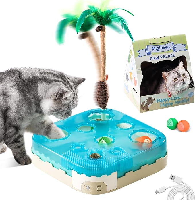 Migipaws 7-in-1 Interactive Cat Toy Motion Activated Indoor Playset with Automatic Pop Bounce Cat Ball, Feather Palm Tree Wand, Catnip Ball & Self-Grooming Cardboard House Rechargeable by MigipawsCreateMoreEnjoymenttoPetsandFamily