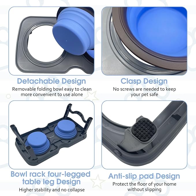 PINVNBY Elevated Portable Dog Bowl, Travel Raised Stand with Collapsible Silicone Double Diner Bowls Non-Slip Food and Water Bowls Holder for Small Dogs and Cats - 14.6" L x 7.5" W x 3.9" H - Image 2
