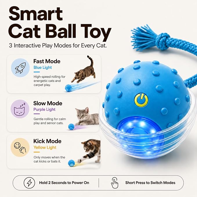 Interactive Rolling Cat Ball, Motion Activated Automatic Cat Toy | Smart Play, High Power, Anti-Stuck Rolling, Carpet & Hardwood, Chirping Sound, USB-C Rechargeable, 3 Modes, Durable - Image 2