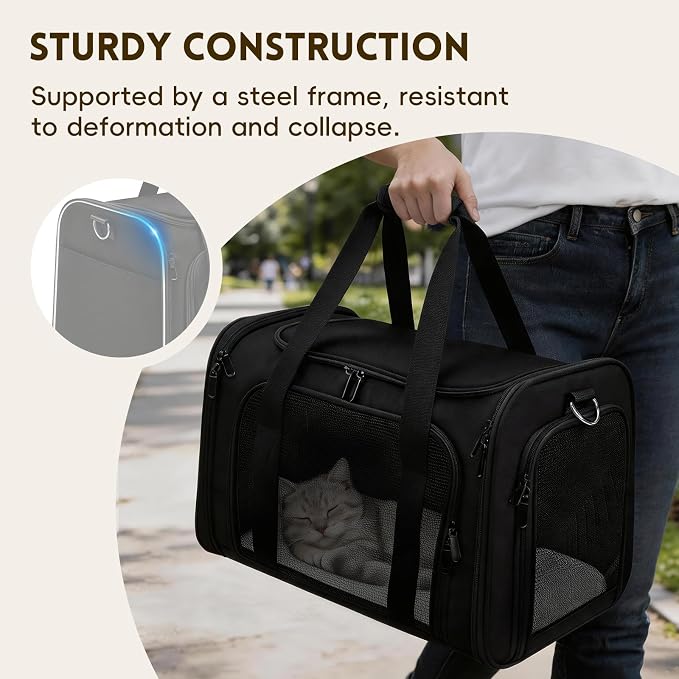 Cat Carrier Soft, Dog Carriers for Small Dog/Large Cat (Up to 16lb) | with High Breathability, Shoulder Strap, Waterproof Mat, Pet Carrier Airline Approved, for Home Outdoor Travel (Black) - Image 5