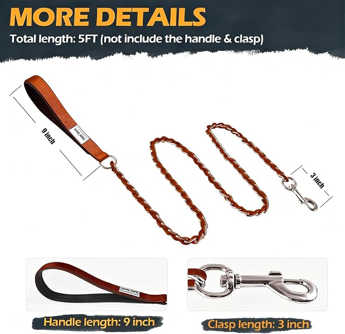 S-ETOVUS-Chain Dog Leash, Bite-Proof Metal Leash, with Padded Handle | Three Sizes 7.25FT/5.2FT/4FT, Woven From Nylon Rope And Chain, Durable And Bite-Resistant, Comfortable With Padded Handles - Image 7
