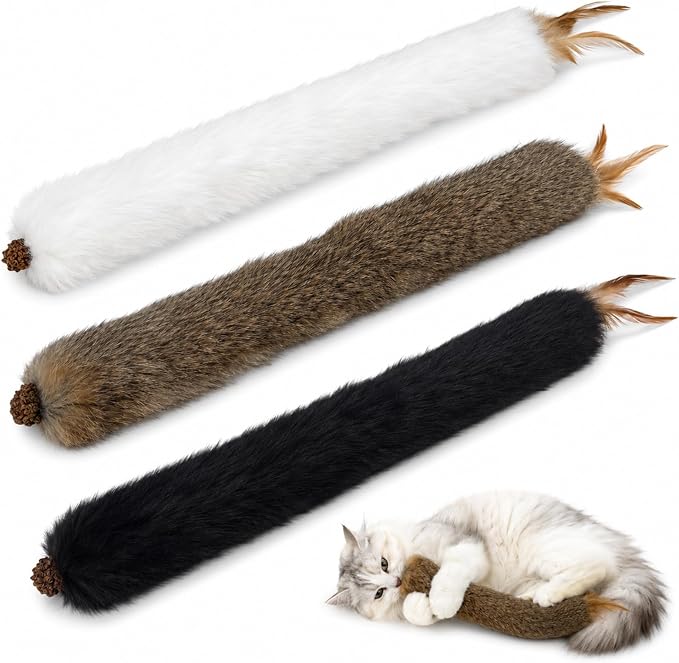 Agape Long Rabbit Fur Cat Toys, 3-Pack with Catnip & Silvervine Gall Fruit | 3-Pack Soft Furry Cat Toys for Indoor Cats and Kittens, Great for Biting, Chasing, Bunny Kicking and Self Play by Agape