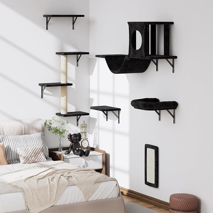 12-in-1 Cat Wall Shelves, Luxury Wall-Mounted Cat Climber Set | with Condos House, Scratching Post, Bridge Ladder, Indoor Space-Saving Furniture for Kittens, Black - Image 7