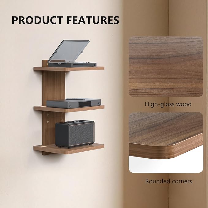 WALI Floating TV Shelf, 3 Tier Projector Shelf for DVD Players, Routers, Game Consoles, Cable Boxes, Living Room Decor Accessories, Wall Mount Shelves Holds Up to 22lbs (CS303N), 3-Shelf, Walnut Brown - Image 3