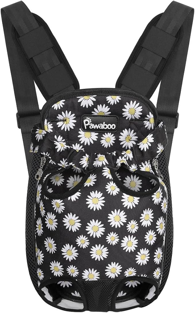 Pawaboo Pet Carrier Backpack, Adjustable Pet Front Cat Dog Carrier Backpack Travel Bag, Legs Out, Easy-Fit for Traveling Hiking for Small Medium Dogs Cats Puppies, Extra Large, Black Daisy Print by Pawaboo