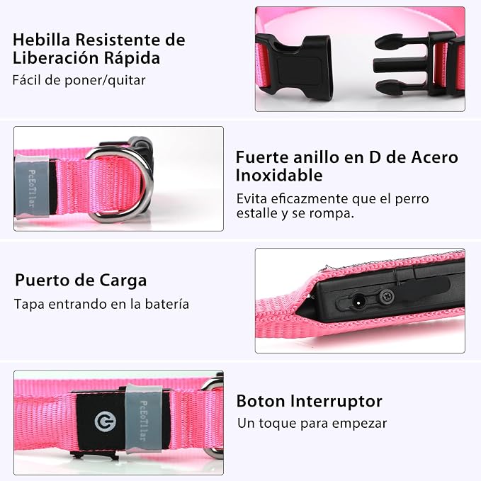 PcEoTllar Light up Dog Collar, Safe for Night Walking, Adjustable, Pink, M | Colorful RGB Light, Waterproof, For Small Medium and Large Dogs, Durable Material, USB to Charge - Image 3