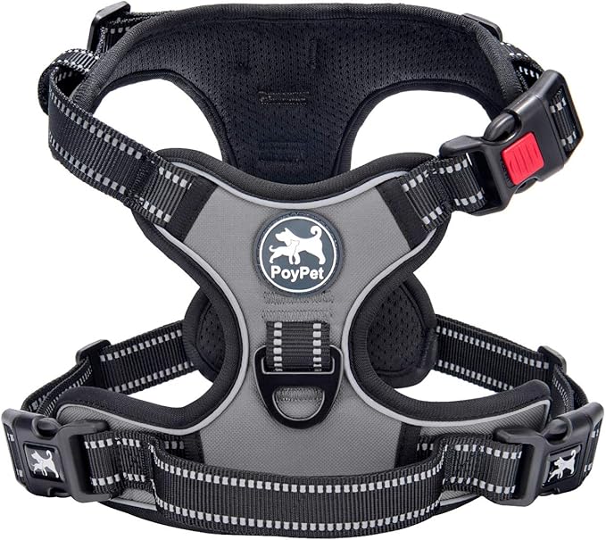 PoyPet No Pull Dog Harness Large with Front Clip & Neck Release Buckle | No Choke, Adjustable Vest, Reflective, Back Clip, Lockable, Soft Padded, Easy Control Handle for Walking Training, XL, Grey by PoyPet