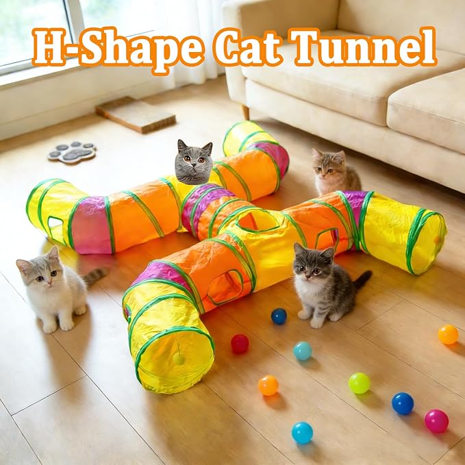 4-Way Large Cat Tunnel, H Shape Cat Tube Toy with Interactive Playing Balls, Peek Hole for Indoor Cats, Kitten, Kitty, Puppy, Rabbit (Multicolor) - Image 4