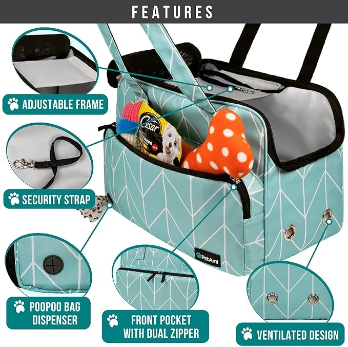 PetAmi Small Dog Purse Carrier, Soft-Sided Pet Carrier Bag with Pockets, Portable Puppy Cat Travel Handbag Tote, Airline Approved Breathable Mesh, Poop Bag Dispenser, Max 18 lbs, Chevron Teal - Image 3
