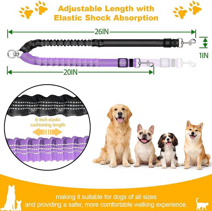 Double Dog Leash for Two Dogs, Professional No Tangle 360° Swivel Coupler with Shock Absorbing Bungee, Adjustable Length Dual-Sided Reflective Two Dogs Lead Splitter for Small Medium Large Dog - Image 2